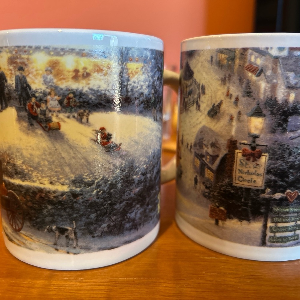 Thomas Kinkade Coffee Cups Ceramic Holiday Country Winter Snowfall Set Of 2